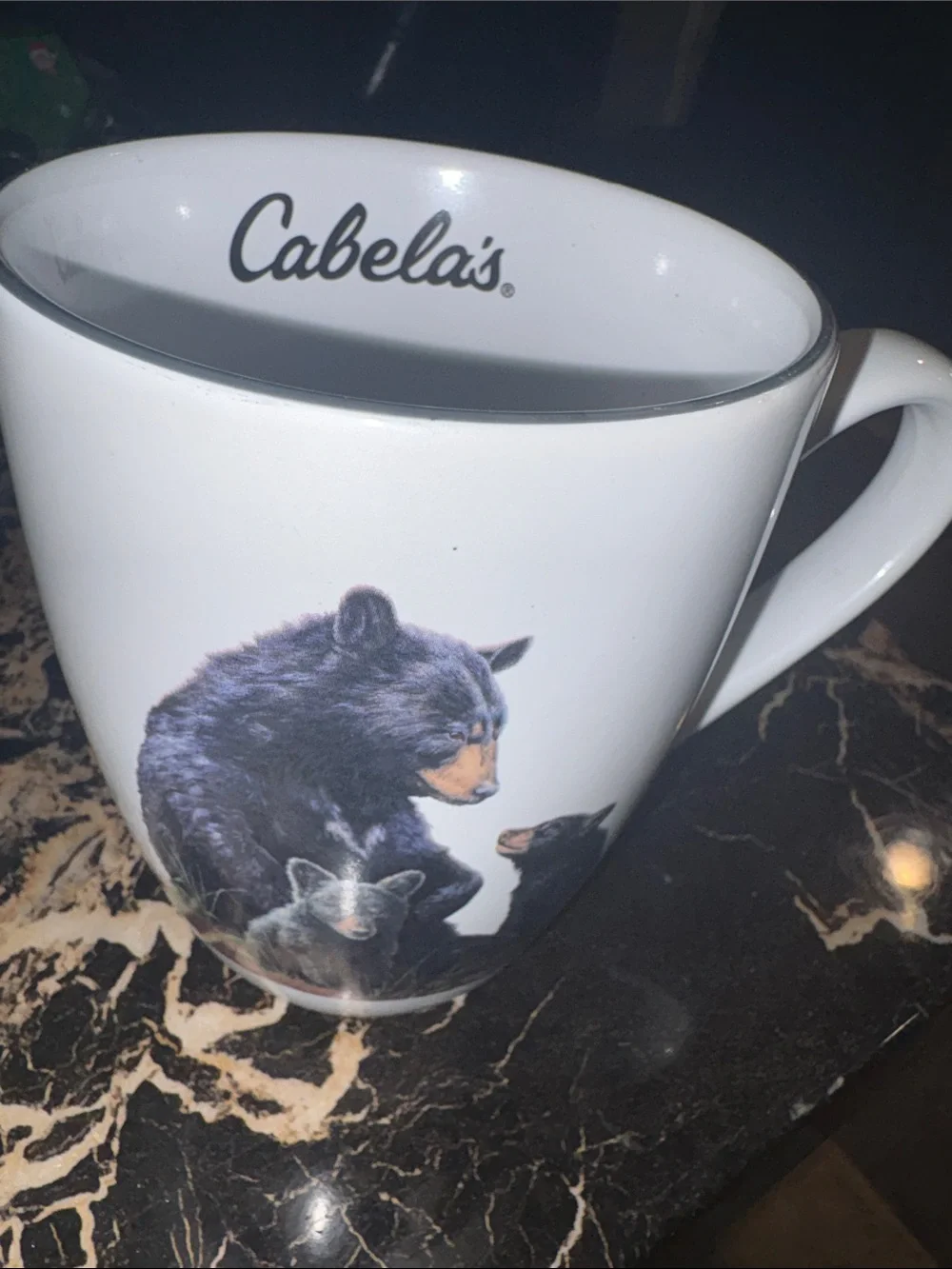 Cabela's White Ceramic Mug with Black Bear Family Artwork
